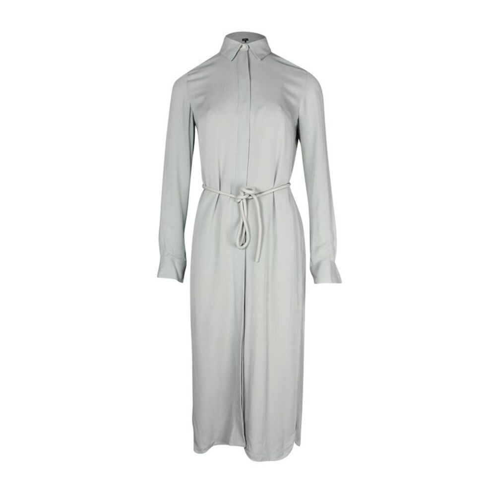 Theory Belted Midi Shirt Dress in Grey Silk